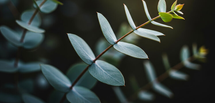 Close-up of eucalyptus leaves with a dark background and soft lighting.