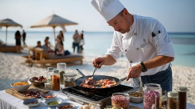 Culinary Master at Beachfront: A skilled chef expertly prepares a delectable meal on a sunny beachfront, embodying the artistry of cooking amidst the scenic coastal setting.