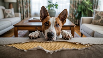 Curious dog peeking over damaged sofa in cozy living room