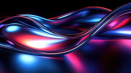 Naklejka premium Abstract smooth metallic wave shapes illuminated by vibrant blue, pink, and red lights on a dark background, evoking a futuristic and fluid motion feeling