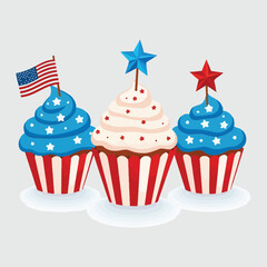 Fourth of July Celebration Cupcakes with USA Flag and Star Toppers in Red White Blue Theme