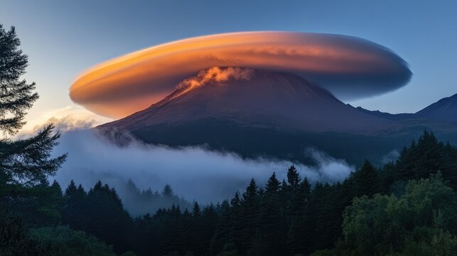 Lenticular Cloud over Misty Mountain Forest at Sunrise 