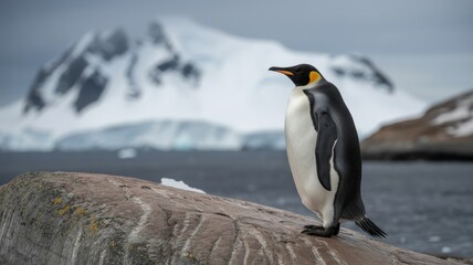 Fototapeta premium Majestic emperor penguin standing on antarctic rock with icy mountain background