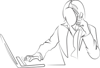One continuous line drawing on white isolated background. Minimalism linear illustration. person, working, office, business, computer, technology, woman, businesswoman, laptop, entrepreneur