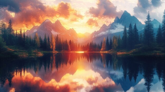 Sunset over snow-capped mountain range with dense pine forest reflected on calm lake water under dramatic colorful sky