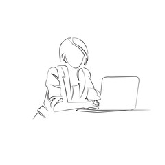 One continuous line drawing on white isolated background. Minimalism linear illustration. businesswoman, office, person, business, computer, technology, woman, working, indoor, laptop