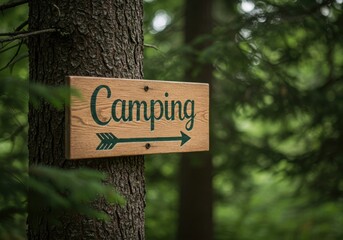 A rustic wooden sign with the word camping carved and painted green attached to a tree trunk in a forest setting