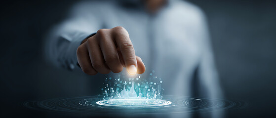 Businessperson hand interacting with futuristic digital interface, analyzing data visualization, innovation and technology concept