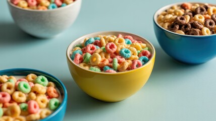 Colorful cereal in bowls on blue surface with variety of flavors and textures