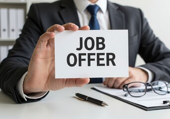 Obraz premium A professional in a dark suit and blue tie holds a white card with job offer in bold black letters signifying employment opportunities