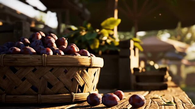 A rustic market scene showcasing a basket of freshsyzygium cumini on a wooden table, with blurred umbrellas and greenery in the background, evoking a vibrant summer atmosphere