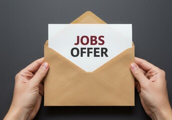 Hands holding an open brown envelope revealing a white card with the words jobs offer printed in bold red and black text