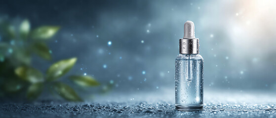Crystal clear skincare serum bottle with water drop transparent glass moisture beauty cosmetic nature freshness spa relaxation