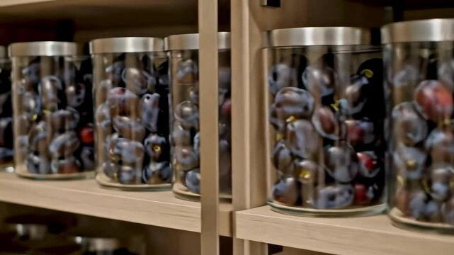 Jars filled with ripe syzygium cumini neatly arranged on wooden shelves, showcasing vibrant colors and natural textures, ideal for culinary use or food photography