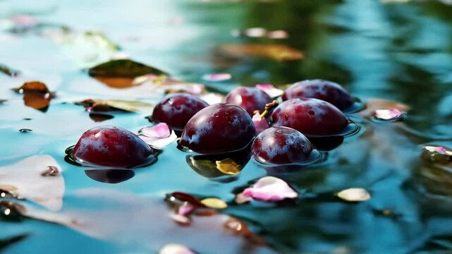Fresh syzygium cumini floating on a serene water surface surrounded by colorful petals and leaves, creating a tranquil natural scene