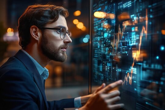 Focused young man in glasses analyzing dynamic digital financial data charts on a transparent screen in a modern office at night