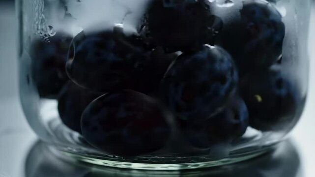 Fresh syzygium cumini glistening in a glass jar, showcasing their vibrant color and texture, with a blurred kitchen background suggesting a cozy cooking atmosphere