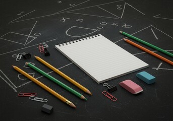 A collection of school supplies including pencils erasers paper clips and a notepad are arranged on a chalkboard with mathematical diagrams