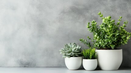 Green Plant in White Pots on Gray Background