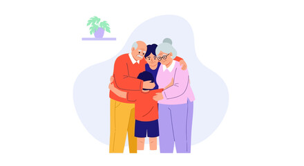 Family Embracing: Grandparents and Child in Loving Embrace, Illustration