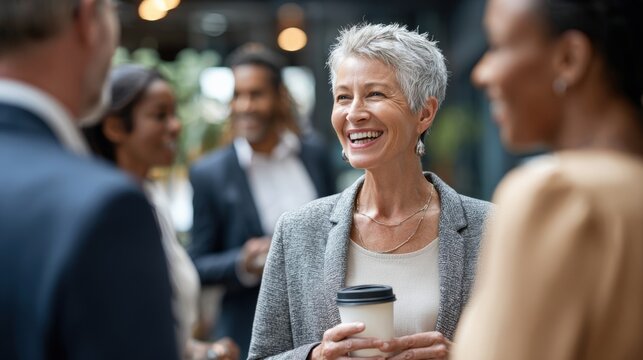 Informal coffee break conversation between senior female leader and diverse colleagues in corporate seminar.