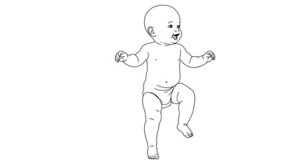 Line Drawing of a Happy Baby Taking First Steps, Wearing Diaper