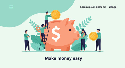 Pink Piggy Bank with Dollar Sign and People Adding Coins Illustration