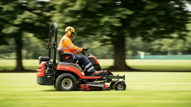 Mowing Green Lawn with Riding Mower in Park Blurred Motion