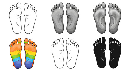 Six Variations of Bare Feet Illustrations: Outline, Gray, Black, and Rainbow-Colored Sole Designs