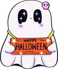 A cute Ghost with Halloween Sign Hand Drawn Cartoon Doodle