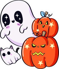 A Cute Ghost with Pumpkins Hand Drawn Cartoon Doodle