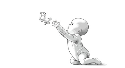 Baby Reaching for Toy, Monochrome Illustration, Playful Pose