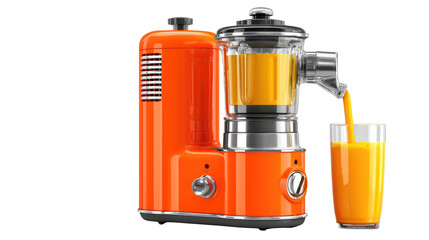 Orange Juicer in Action: A vibrant shot of a sleek orange juicer in full operation. Freshly squeezed juice pours into a glass, showcasing the machine's efficiency and the refreshing end product.