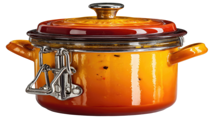 Vibrant Orange Cooking Pot: A striking cooking pot, presented in a vibrant orange hue, a stylish addition to any kitchen, perfect for simmering, and making a flavor-filled meal.