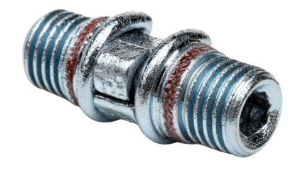 Metallic Mechanical Fastener Close-up: A meticulously detailed, close-up shot of a metallic mechanical fastener, showcasing its intricate design and robust construction, ready for its essential role.