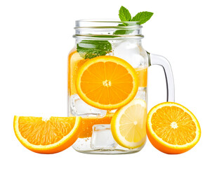 Glass Jar of Citrus Detox Water with Orange and Lemon Slices, isolated on a transparent background.
