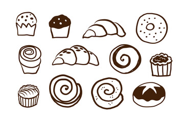 Set with pastries outline sketch on isolated background. Doodle with croissants, muffin, custard, cookies, French bakery, Design for cafe, menu, card, brochure. Hand drawn food vector illustration