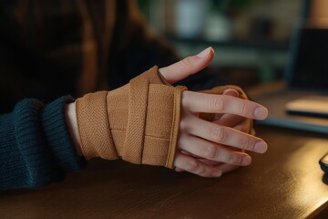 Close-up of a person's hands with one hand wrapped in a brown supportive bandage resting on a wooden surface in a softly lit indoor setting
