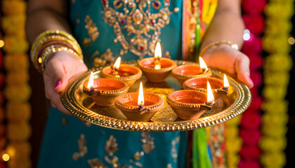 Festival of Lights: A person's hands gently hold a golden tray adorned with lit clay lamps, celebrating the vibrant spirit and cultural richness of Diwali. A visual celebration of hope, enlightenment.