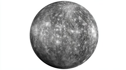 Full View of Mercury Cratered Surface, Gray Tones, and Impact Basins on a White Background