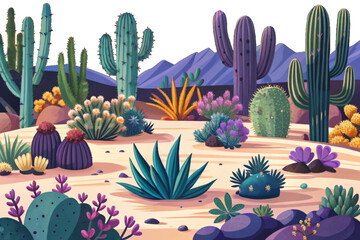 Desert cactus garden with various succulents, sandy soil, and warm tones vector perfect for themes of arid landscapes, drought-tolerant plants, and minimalism