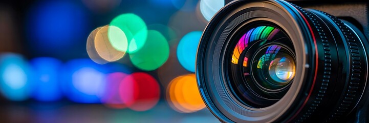 Close up of camera lens with colorful bokeh lights in photography and technology concept
