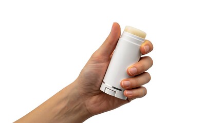 Hand holding white deodorant stick on isolated background for personal hygiene and skincare concept
