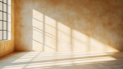 Sunlight streaming through large grid window casting long shadows on textured beige walls and floor in empty room creating a warm and peaceful atmosphere