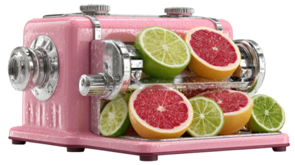 Citrus Juicer: A vibrant scene showcasing a vintage-style citrus juicer, adorned with a collection of freshly sliced grapefruits, limes, and oranges.