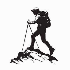Woman Hiker Vector. Woman Hiking in the Mountains with Trekking Poles