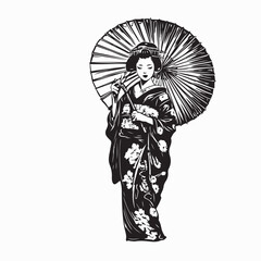 Geisha with umbrella Image. Black and White Asian Woman With Umbrella on white background