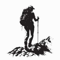 Silhouette Woman Hiking in the Mountains with Trekking Poles image vector.
