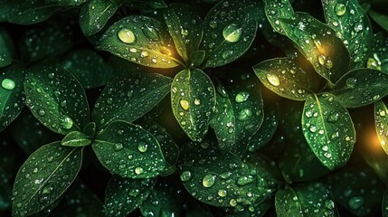 Fototapeta premium close-up of green leaves covered with water droplets glowing warmly in soft light