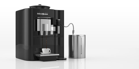 Сoffee machine, black finish, sleek design, white background. Espresso pouring, dynamic flow, stainless steel elements. Kitchen appliance, home brewing, cafe equipment industry, product marketing. 3D